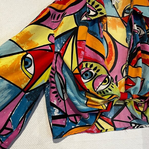 Anthropologie Live 4 Truth Bright Artsy retro cropped Tie Front Blouse 90s Large - Picture 3 of 9